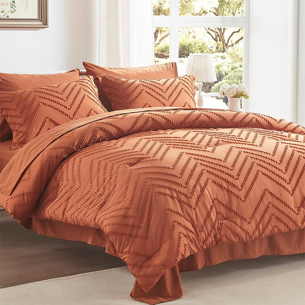 Brown jacquard boho wave clipped comforter set 7pcs comforter with bed sheet set